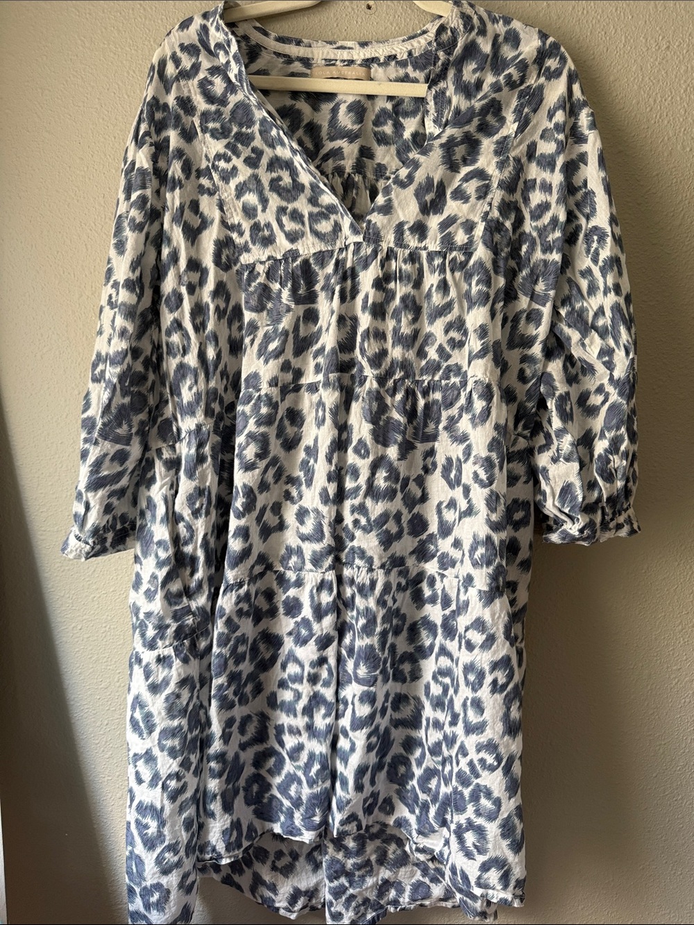 Blue and White Animal-Print Midi Dress with V-Neck